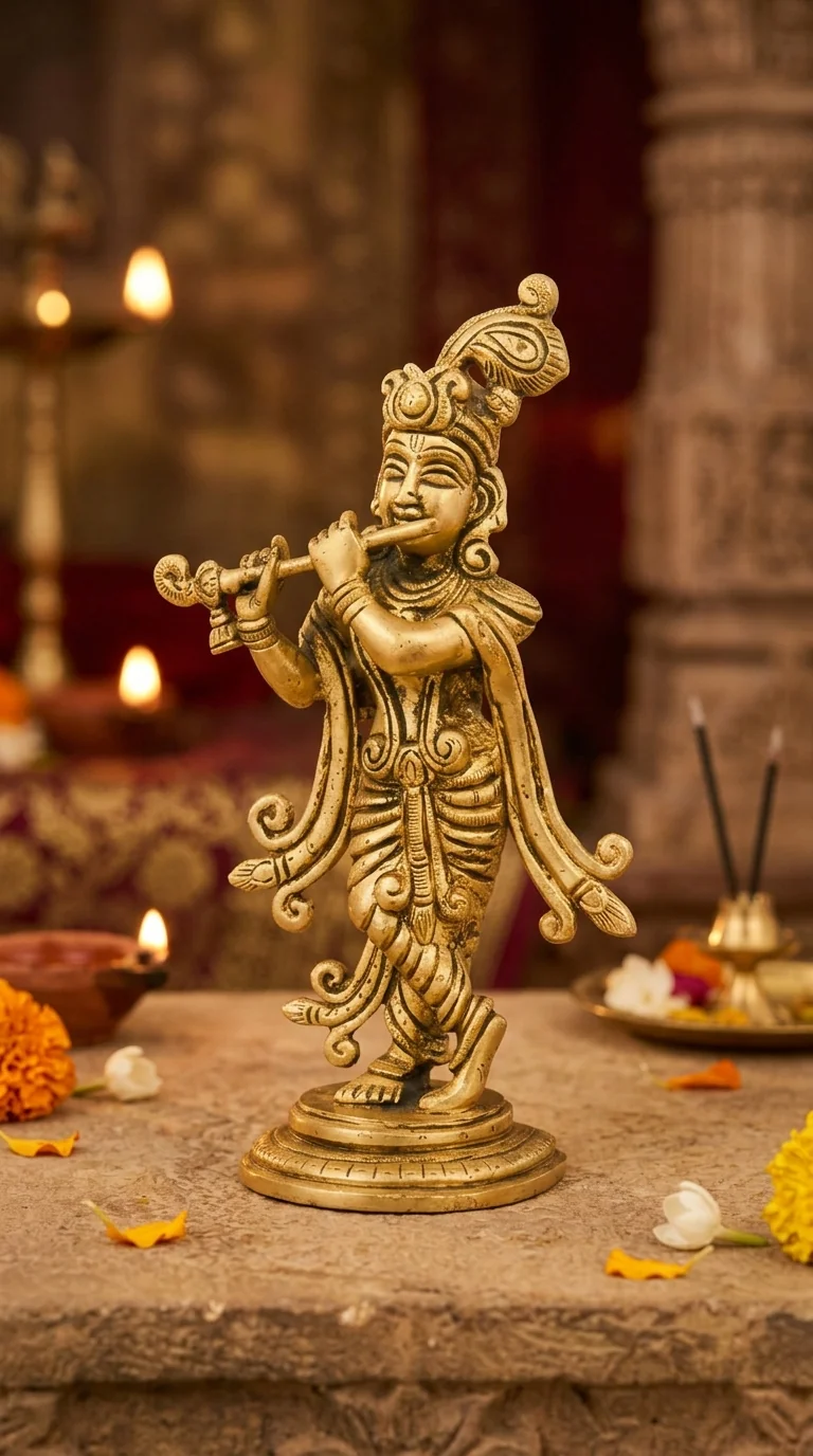 Value Gifts Traditional Brass Krishna Figurine for Spiritual Home Decoration