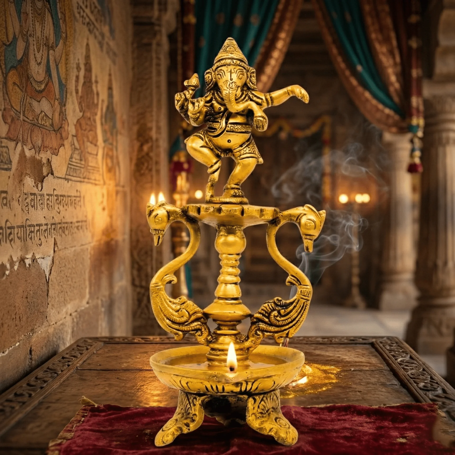 MH Decors Brass Ganesha Dancing Statue with 2 Swans Oil Lamp for Home Decor