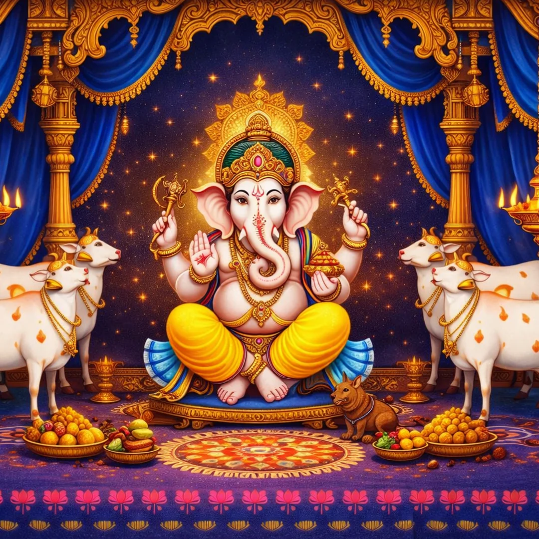 Sri Yagnaa Ganesh and Gomatha on Coconut Leaf Design Backdrop for Festivals & Pooja Rooms