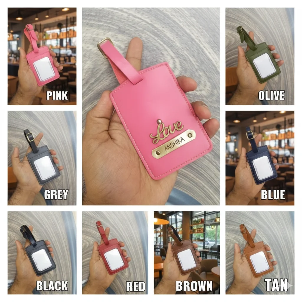 MH Decors Tan Personalised Luggage Tags with Strap for Travel Suitcases
