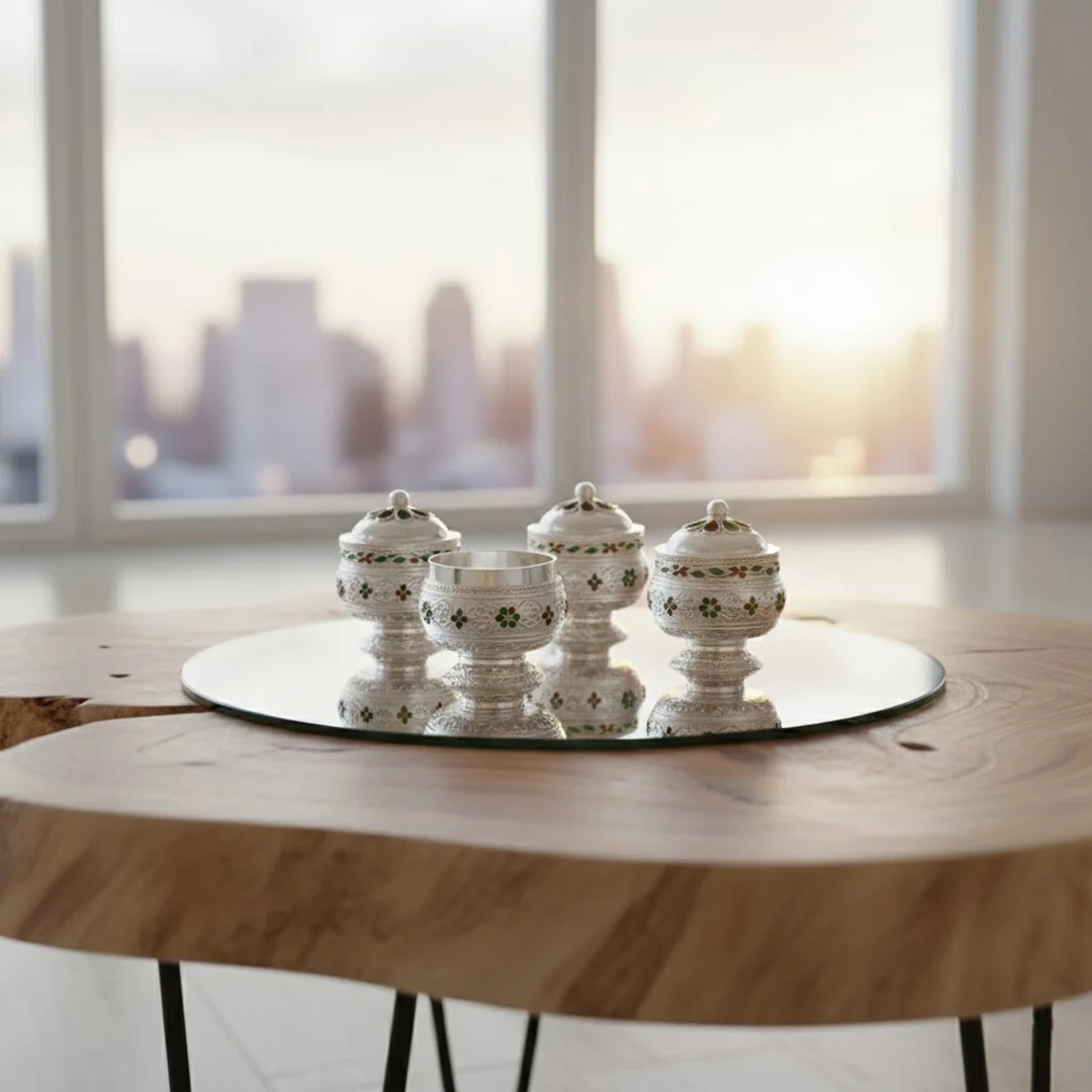 VPH Gift Store German Silver Kumkuma Containers Set of 10 for Mandir and Home Decor