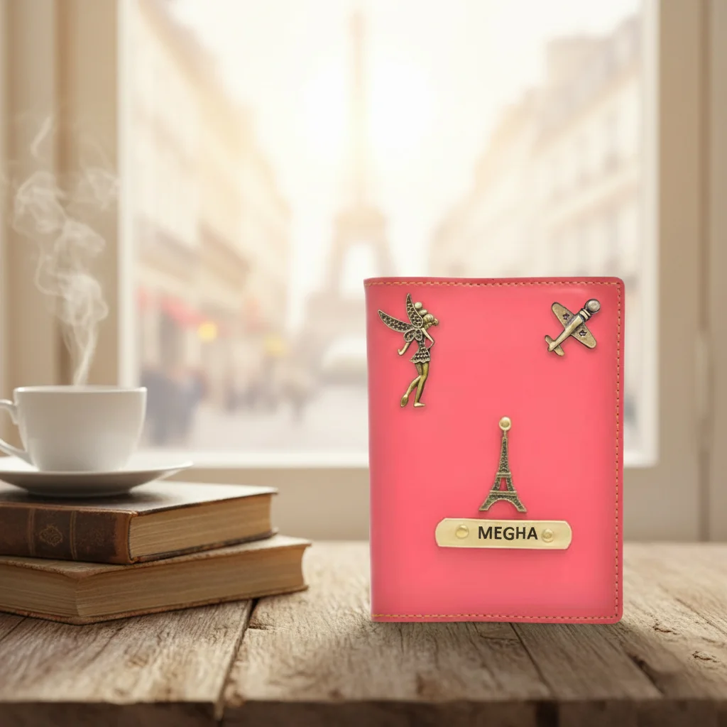 Handcrafted Travel Passport Holder with Custom Engraving & Decorative Charms