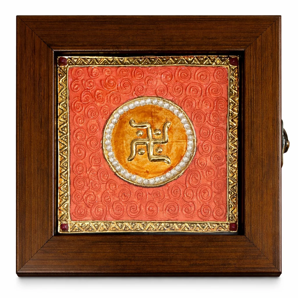 Handcrafted Tanjore Swastik Jewelry Box (5x5 Inch) – Orange Gold Kundan Decorative Gift Box