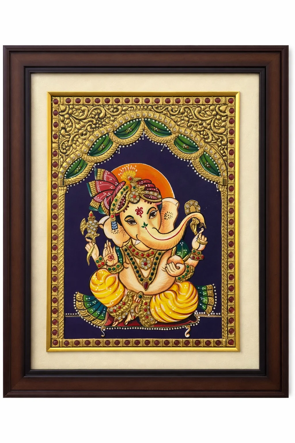Handcrafted Tanjore Lord Ganesha Wall Frame (12x14 Inch) – Gold Foil Kundan Religious Art Decor