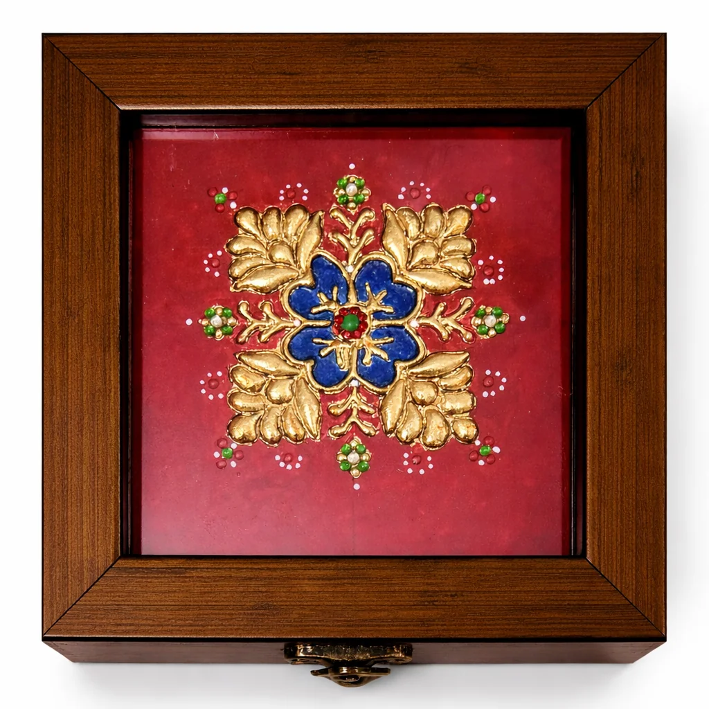Handcrafted Tanjore Floral Kundan Jewelry Box (5x5 Inch) – Red & Blue Gold Foil Decorative Gift Box