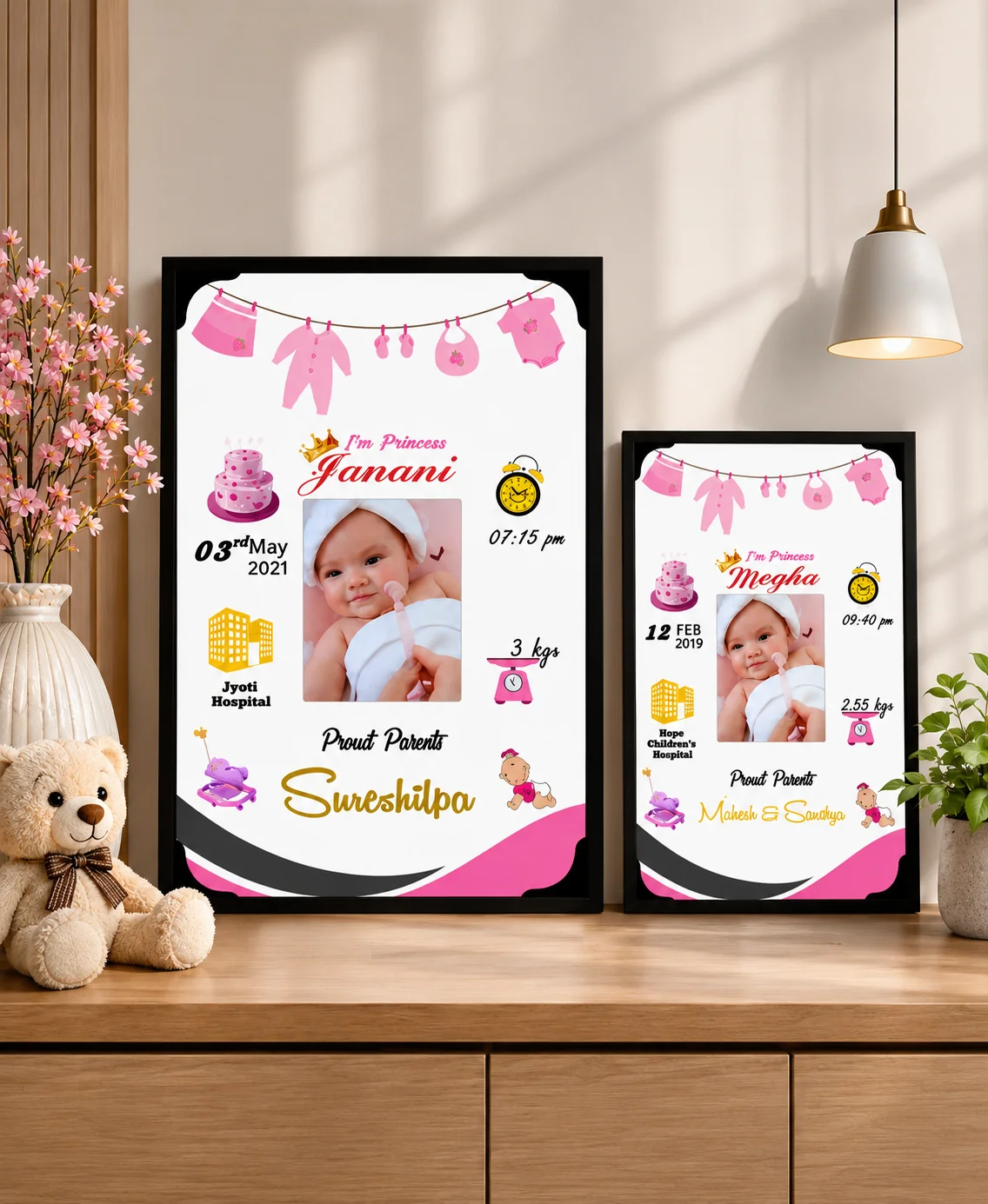 MH Decors Baby Girl Memory Frame Personalized Birth Details Small Size Gift(A4 8x12 Inches)