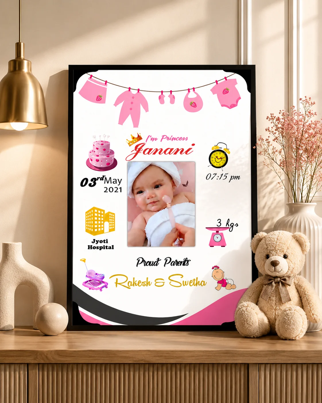 MH Decors Baby Girl Memory Frame Personalized Birth Details Large Size Gift